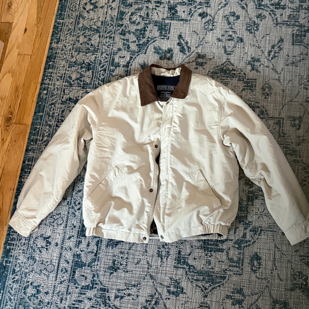 Lands’ End chore Men's Cream Utility Jacket with Brown Leather Collar M Vintage